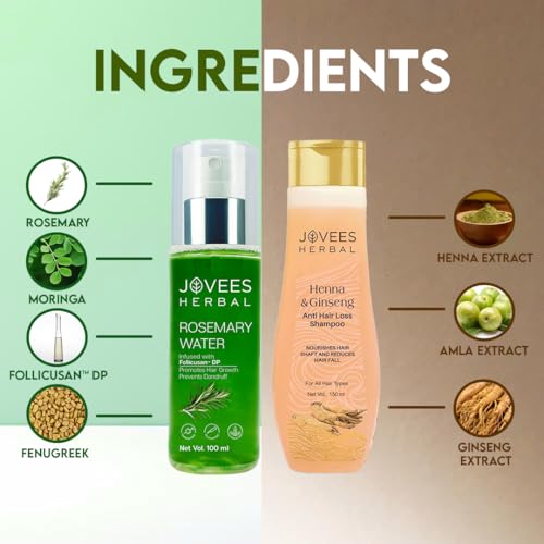Image of Jovees Herbal Rosemary Water Hair Growth Spray 100ml with Henna & Ginseng Anti Hair Loss Shampoo 150ml for Reduce Hair Fall & Boosts Hair Growth | Adds Shine | Non-Greasy, Lightweight