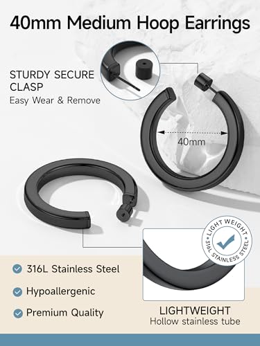 Image of Stainless Steel Chunky Hoop Earrings For Women, Minimalist and Chic, Black /Gold Plated, Round Hoops Earrings Hypoallergenic, Size: 30mm /40mm /60mm /80mm, Come with Box