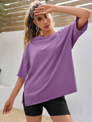 Image of Tankaneo Womens Oversized Tshirts Summer Casual Short Sleeve Crew Neck T Shirt Loose Fit Side Slit Tee Tops Light Purple