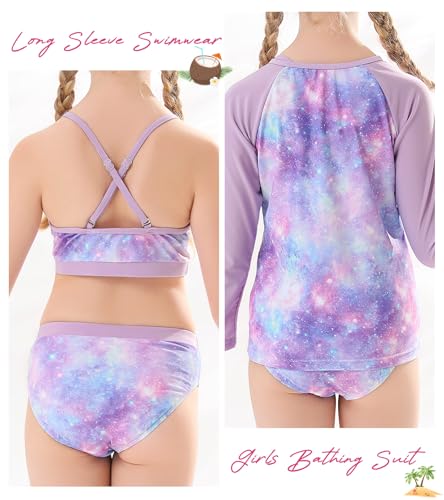 Vogseek 7-13T Girls 3pcs Bikini Swimwear with Long Sleeve Rashguard Shirts Quick Dry Swimsuits UPF 50+ Bathing Suits3