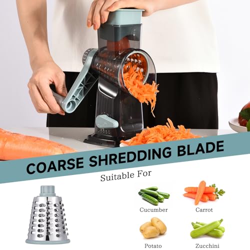 Image of Rotary Cheese Grater with Handle Kitchen Shredder Slicer Grater Slicer Ice Shaver Cheese Vegetable Nuts Potato Zucchini Chocolate 3 Interchangeable Blades (GreyBlue)
