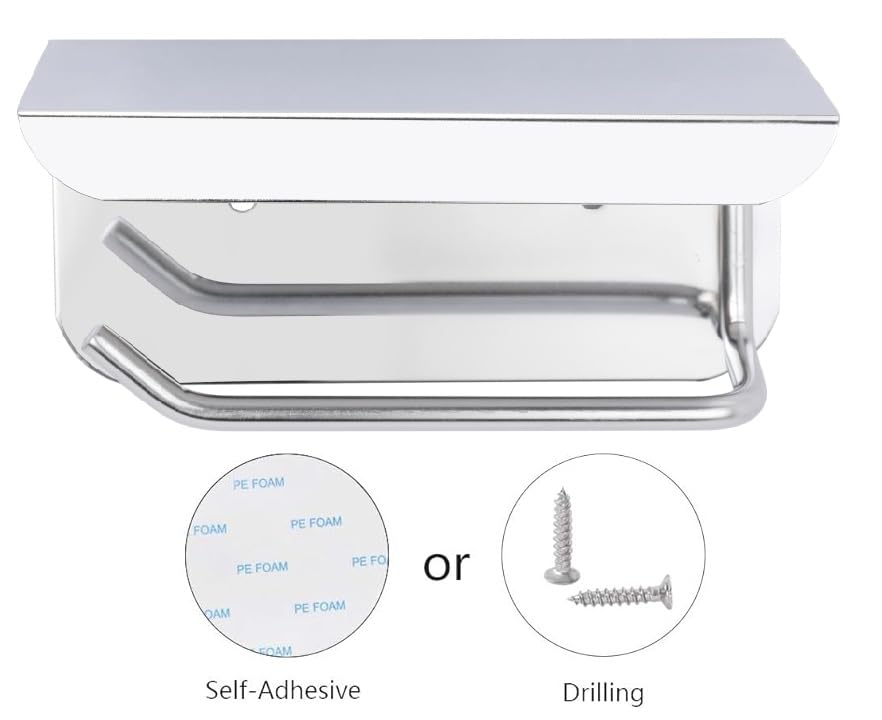 ACHRO Self Adhesive and Wall Mount Stainless Steel Toilet Paper Holder with Mobile Stand, Wall Mounted Tissue Paper Holder with Shelf, Toilet Paper Roll Holder for Bathroom with Nickel Satin Finish 2