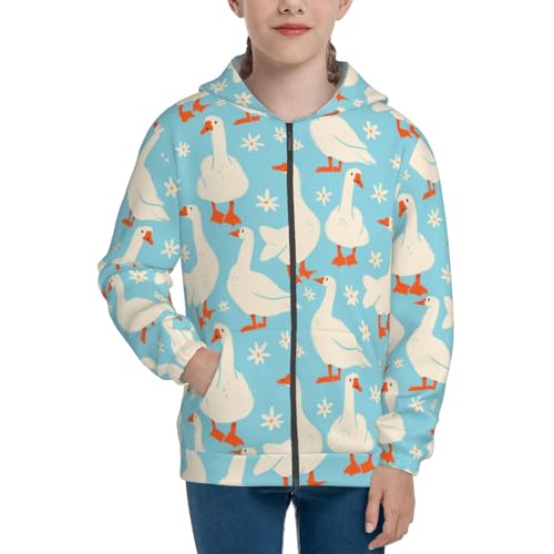White Geese and Flower Kid Hoodies Boys Zip Up Sweatshirts Girls Pullover with Pocket3