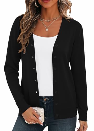 BEIGAI Cardigan léger à manches longues pour femme avec col en V - Cardigan classique vintage avec bouton, Noir , XL