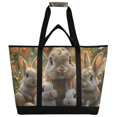 Bolsa térmica aislada con diseño de familia de conejos en pequeñas flores blancas, plegable, reutilizable, para alimentos