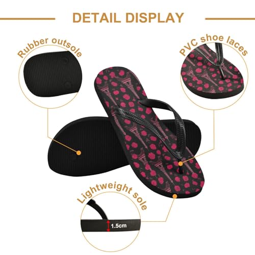 ALAZA Red Eiffel Tower Rose Flip Flops for Women Fashion Beach Slippers Comfort Mens Flip Flops Non-Slip Rubber Shower Slippers Sandal for Hotel Travel Sport,XS3