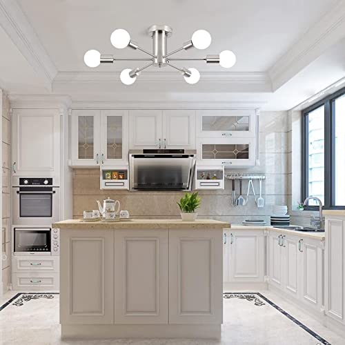 Ljhhowe 6 Lights Ceiling Light Fixture Brushed Nickel Sputnik Chandeliers Semi Flush Mount Ceiling Lamp Mid Century Modern Chandelier For Bedroom Dining Room Foyer Kitchen Living Room #TOP6