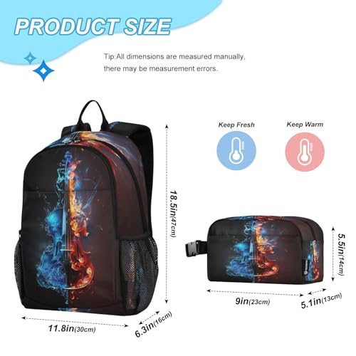 Violin-fire Print Kids Backpack Set for Girls Boys Elementary Middle School Bag with Lunch Box2