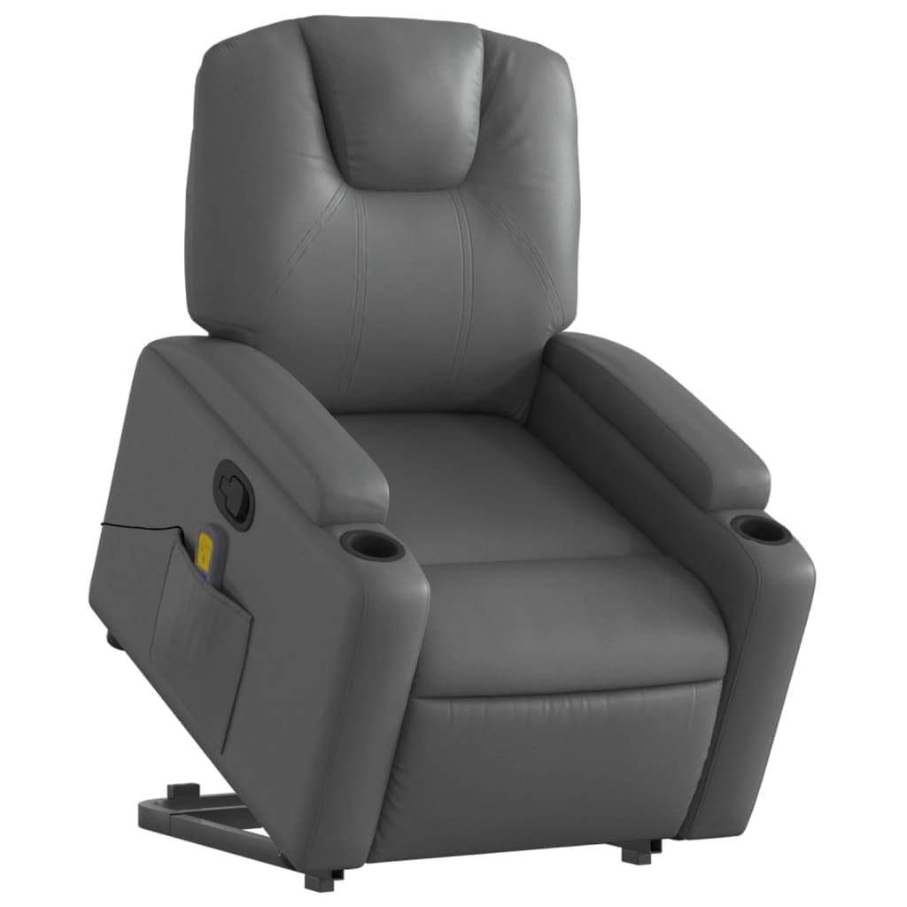 Sillón elevador reclinable con masaje por vibración, color gris piel sintética, función de elevación eléctrica y reclinación manual, 6 puntos de masaje, estructura estable