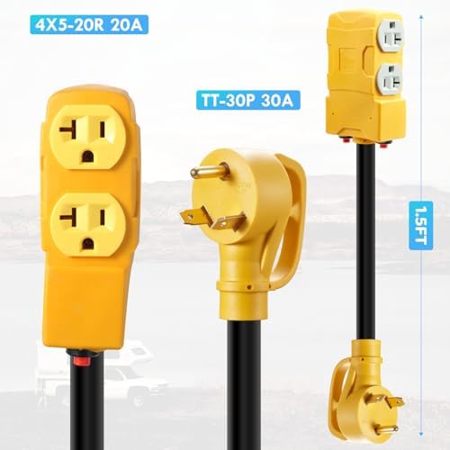 WYM world 30 Amp to 20 Amp 110V RV Distribution Adapter,TT-30P to 4 X 5-20R/15R RV 4-Prong to Mutiple Household Outlet w/ 20Amp Circuit Breaker RV Generator Distribution Cord