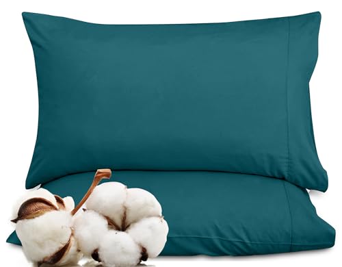 Image of ROYALE LINENS 300 Thread Count 100% Long Staple Combed Cotton Pillowcases Set of 2 - Ultra Soft - Standard Bed Pillow Cover - 20 inchx26 inch - Breathable, Cool & Crisp Percale Teal Pillow Cases (Std, Teal)