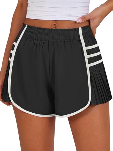 Caracilia Women Running Shorts Flowy Pleated Athletic Shorts Summer High Waisted Tennis Sporty Workout Gym Shorts