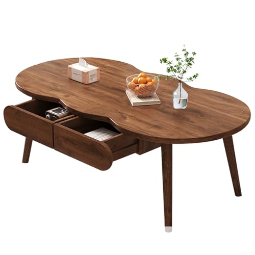 TRAGLO ローテーブル センターテーブル 収納付き 木製 しまうテーブル 幅120×奥行60×高さ45cm 雲の形のコーヒーテーブル リビング テーブル 引き出し付き 一人暮らし家具 組み立て簡単 ウォールナット色