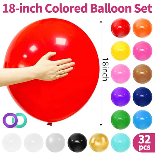 Image of 32Pcs Big Balloons 18 Inch Assorted Colors, Round Large Latex Party Balloons for Birthday Wedding Decorations.