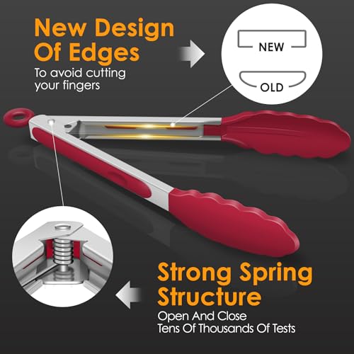 Image of HOTEC Premium Stainless Steel Locking Kitchen Tongs with Silicon Tips, Set of 2-9 inch and 12 inch(Red)