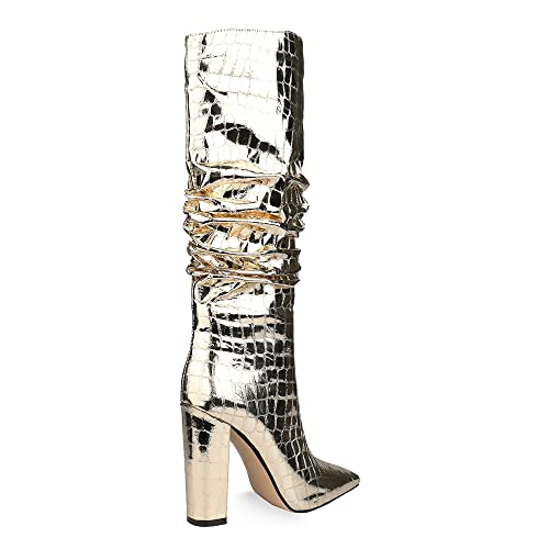 UP2STEP Women Patent Slouchy Block Heel Boots Shiny Sequins Knee High Chunky Heel Boot Mid Calf Dress Shoes4