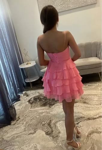 Tiered Homecoming Dresses for Teens 2025 Short Spaghetti Straps V Neck Chiffon Ruffle Cocktail Party Gown with Bow2