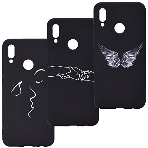 LeviDo 3X Funda Compatible para Huawei P Smart 2019/Honor 10 Lite Silicona Bumper Caucho Caso Delgado Goma para Honor 10 Lite Antigolpes Parachoque Negro Cover, Cara-Mano-ala