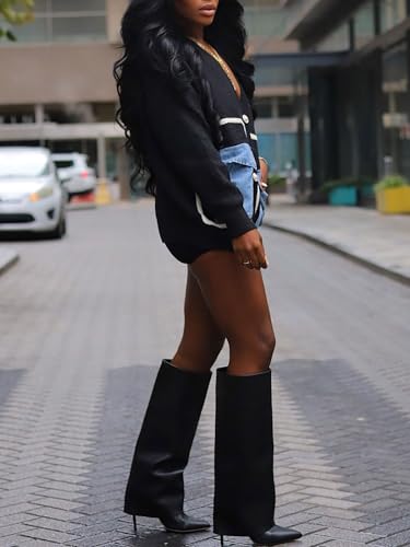 KANSOON Cardigan Sweaters for Women Casual Open Front Button Down Denim Patchwork Loose Knit Outerwear with Pockets4