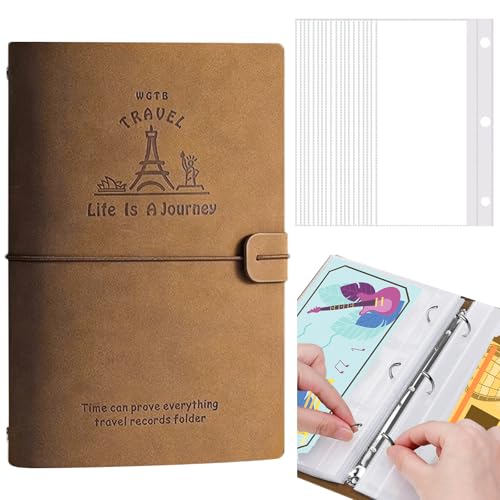 Kamiqiou チケットホルダー リングファイル 3穴 PU ケース 40ページ 80枚収納 レシートホルダー ポストカード バインダー式 大容量 縦入 10.3*21.4cm 紙幣 道の駅 切符 ロングステッカー 半券 航空券 公演チケット収納 保管