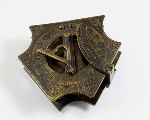 Brújula reloj de sol antigua de latón – Instrumento vintage de navegación y medición del tiempo miniatura 6
