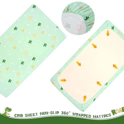 Image of Cloele Crib Bedding Set for Boys,4 Piece Dinosaur Baby Bedding Set,Standard Size Toddler Nursery Bedding Includes Comforter,Crib Skirt,Fitted Sheet&Pillowcase,Soft Dinosaur Blanket-Green