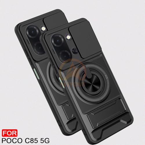 Image of Poco C85 5G Back Cover | Armor Camera Slider 360 Degree Rotating Finger Ring Holder Case with Bracket Stand Back Case Cover (Compatible with MagSafe Accessories) (Black)