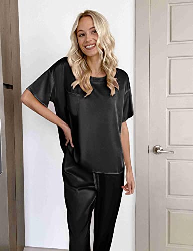 Ekouaer Women's Short Sleeve Top And Long Pant Nightwear 2 Piece Satin Silk Pajama Set Plus Size Black Xxl #TOP1
