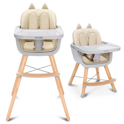 Image of CoziBB 4-in-1 Baby High Chair, Convertible Easy-to-Clean Wooden Highchair for Infant, Kids& Children, 3 Position Tray, Leatherette Seat, Modern and Compact Design, Beige