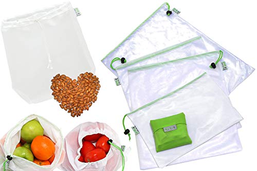 RYBit Set de 9 Bolsas de Malla Reutilizables +1 Bolsa de Leche Vegetal Nueces +1 Bolsa Compra Plegable, Guardar Frutas Verduras Juguetes Lavandería Cosmética Organizador Viaje, Gran Valor de Precio