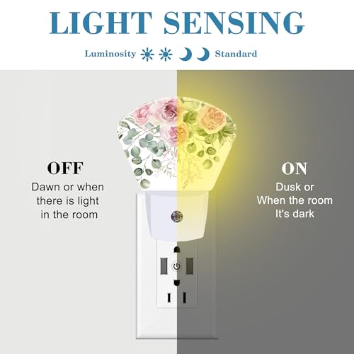 Image of Pink Flowers Plug in Night Lights, Eucalyptus Greenery Nightlight Plug Into Wall Dusk to Dawn Sensor for Kid Girls Boys Women Men Bedroom, Hallway, Kitchen, Bathroom, Stairs Decor