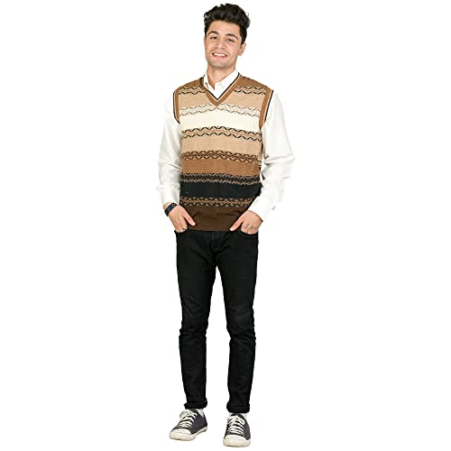Image of Men Woolen V-Neck Printed Design Sleeveless Pullover Heavy Rainbow Fabric Winter Wear Pure Wool Cardigan Regular Coaty Fully Warm Heavy Pullover Cardigans Free Sizes