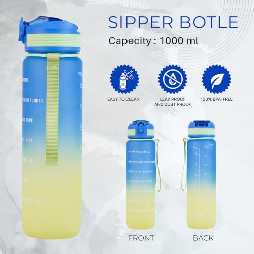 Image of SKYTONE Water Bottle 1 Litre, Motivational Water Bottles, Leakproof Durable BPA-Free Non-Toxic Bottle for Office, Gym, Home, Outdoor (Blue)