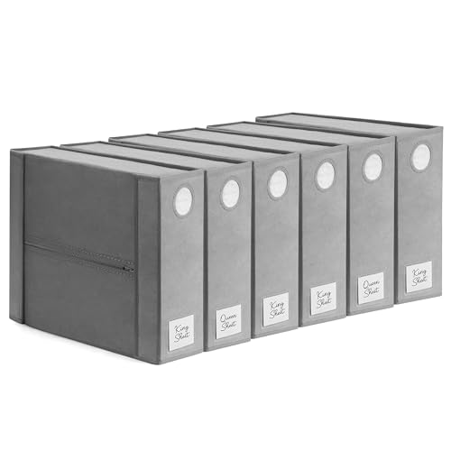 Dreamzie 6 Pack Bed Sheet Organizers and Storage - Front Window and Label - Foldable Linen Closet Organizers and Storage - Gray