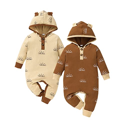 Image of Bafeicao 2 Pack Unisex Baby Boy Girl Hoodie Romper Bear Ear Hooded Rompers Ribbed Solid Long Sleeve One Piece Jumpsuit, Apricot+Coffee, 0-3M