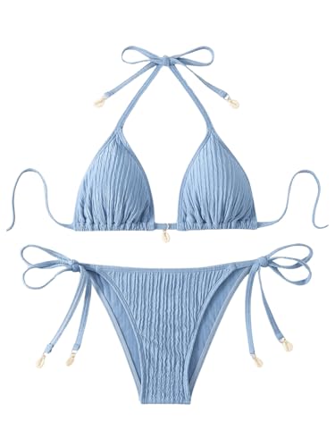 Floerns Women's Bikini Set Textured Halter Triangle Tie Side Bottom 2 Piece Bathing Suit