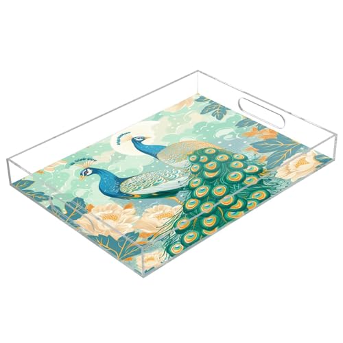 IOACIY Clear Serving Tray 12x16 Inches Acrylic Decorative Tray Organiser for Ottoman Coffee Table Countertop with Handles, Peacock (13)
