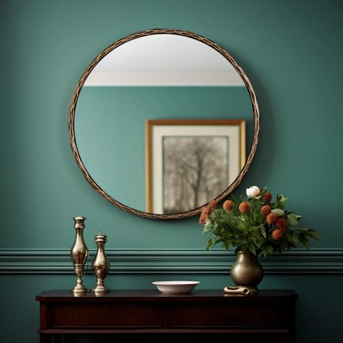 Image of ANDY STAR Hand-Forged Bronze Round Bathroom Mirror, 30 Inch Antique Oil Rubbed Bronze Circular Mirror, Solid Steel Hammered Rounded Mirrors for Wall Decor, Vanity, Washroom, Entry, Fireplace