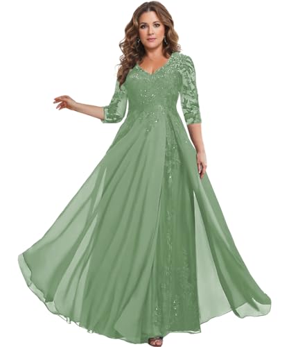 Image of HANVAIOS Sparkly Mother of The Bride Dresses for Women Long Chiffon 3 /4 Sleeve Lace Appliques Formal Gown