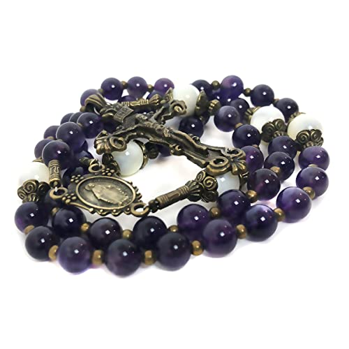 Beautiful Amethyst and Mother of Pearl Stone Rosary Beads Catholic for Women With Virgin Mary Our Lady of Graces Medal Centerpiece - Catholic Rosary - Rosarios Catolicos Para Mujer - Catholic Gifts Women - Rosario Regalos Para Mujer - Rosary Necklace for Women4