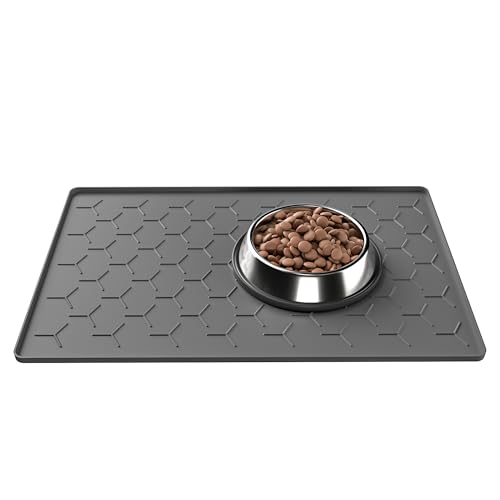 Pieviev Alfombra Comedero de Perros y Gatos, Alfombrilla para Cuenco de Silicona 61 x 41 cm, Material Apto para Uso Alimentario, Impermeable y Antideslizante, Gris Oscuro