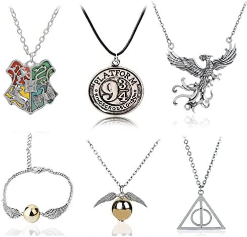 Dbooker Harry Themed Necklace, 6 Pcs Unisex Harry Pendant Necklace & Bracelet for Harry Pot-TER Fans as a Gift for Collectors or as Decoration