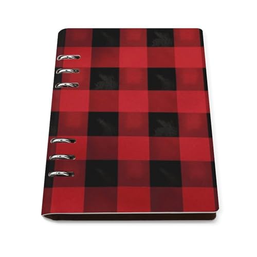Cuaderno A5 de hojas sueltas con 6 anillas y patrón a cuadros rojos y negros de piel sintética