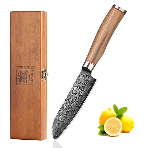 Produktfoto von zayiko Kurumi Premium kleines Santokumesser mit 12 cm Klinge gefertigt aus 67 Lagen echtem Damaststahl mit Nussbaumgriff…