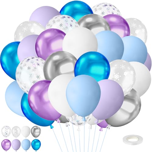 Balões azul e roxo, 50 peças de 12 polegadas de metal prata púrpura azul balões de látex, balões de flocos de neve transparentes confetes para adultos e crianças para Baby Shower aniversário casamento