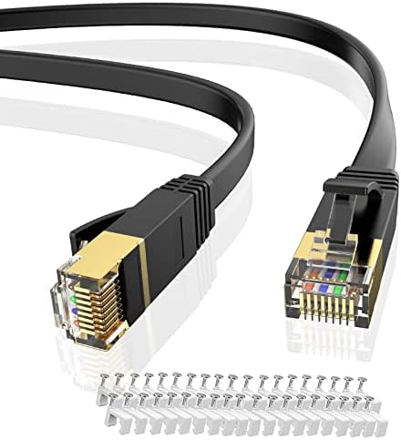 Cat 7 Ethernet Cable 50 ft, Shielded 10Gbps 600MHz, Support Cat 8 Network, Solid Flat Internet Computer Patch Cord, High Speed LAN Wire for Any Device with an RJ45 Port, Black