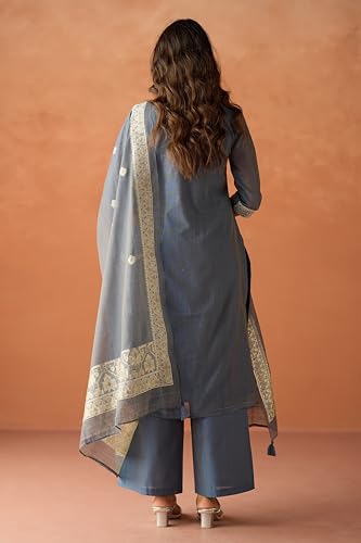 Image of FIORRA Women Cotton Jacquard Woven Kurta Set with Dupatta