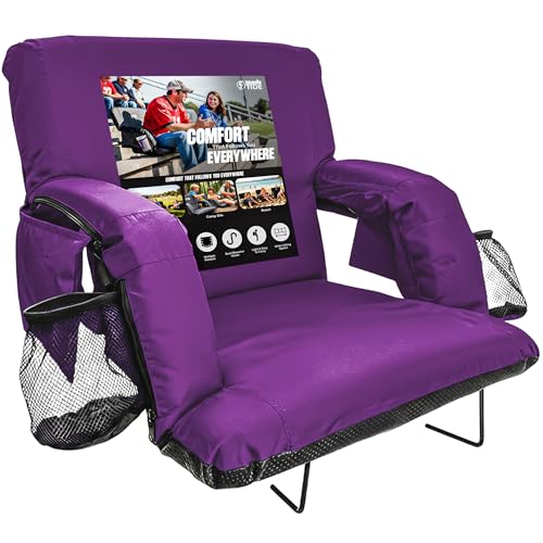 Brawntide Wide Stadium Chair for Bleachers - Stadium Chair with Back Support, Thick Padding, Armrests, Bleacher Strap, Shoulder Straps, Ideal for Sporting Events, Beaches, Parks (Purple, Wide Size)