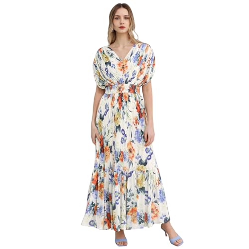 CHICWISH Women Floral Pleated Chiffon Maxi Dress V Neck Short Sleeve Elastic Waisted Flowy Summer Long Dresses2