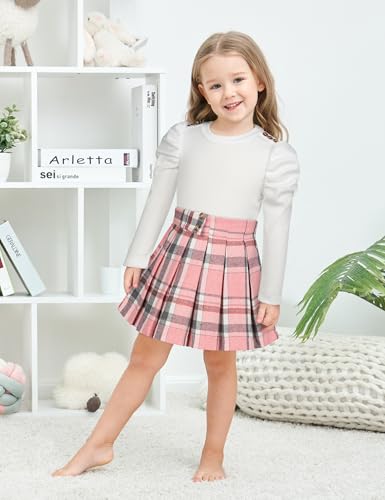 Image of Fuermos Toddler Girl Clothes Puff Sleeve Top and Pleated Girls Plaid Skirt Set 2PCS Girls Outfits Fall Winter